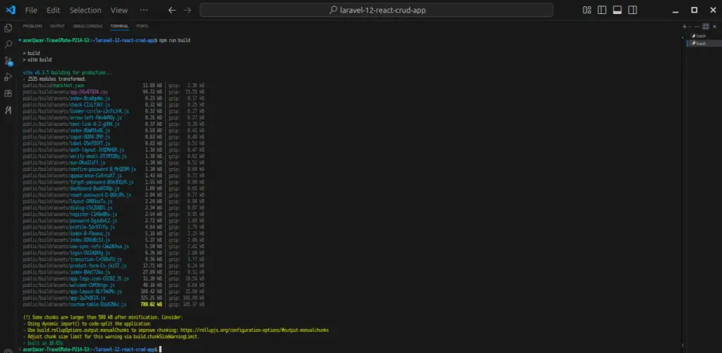 Terminal showing the successful npm run build output for my first Laravel React CRUD app.