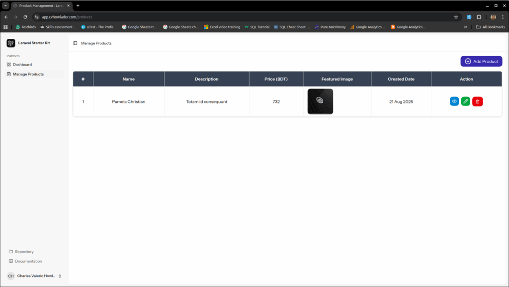 Main dashboard of my first Laravel React CRUD app