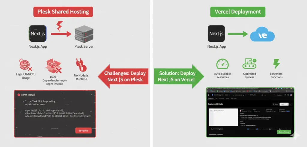 A diagram showing the challenges when you try to deploy Next.js on Plesk versus the streamlined process on Vercel.