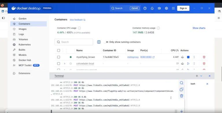 LinkedIn SDUI case study Docker Desktop interface on Lubuntu showing the mitmproxy container running successfully and exposing port 8080 for network interception.