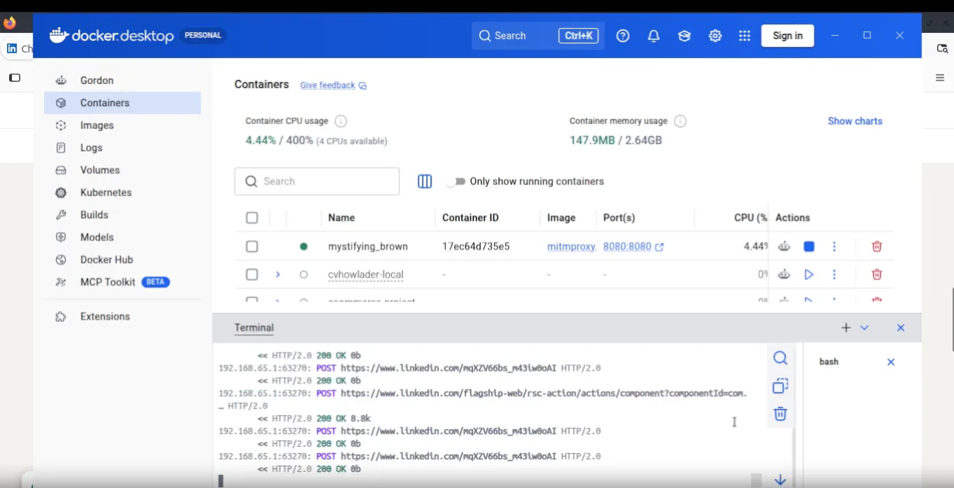 LinkedIn SDUI case study Docker Desktop interface on Lubuntu showing the mitmproxy container running successfully and exposing port 8080 for network interception.